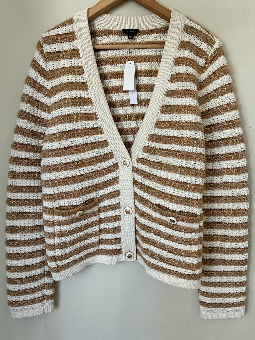 Talbots Wool Blend L Striped Knit Cardigan Sweater Gold Button Cream Minimalist